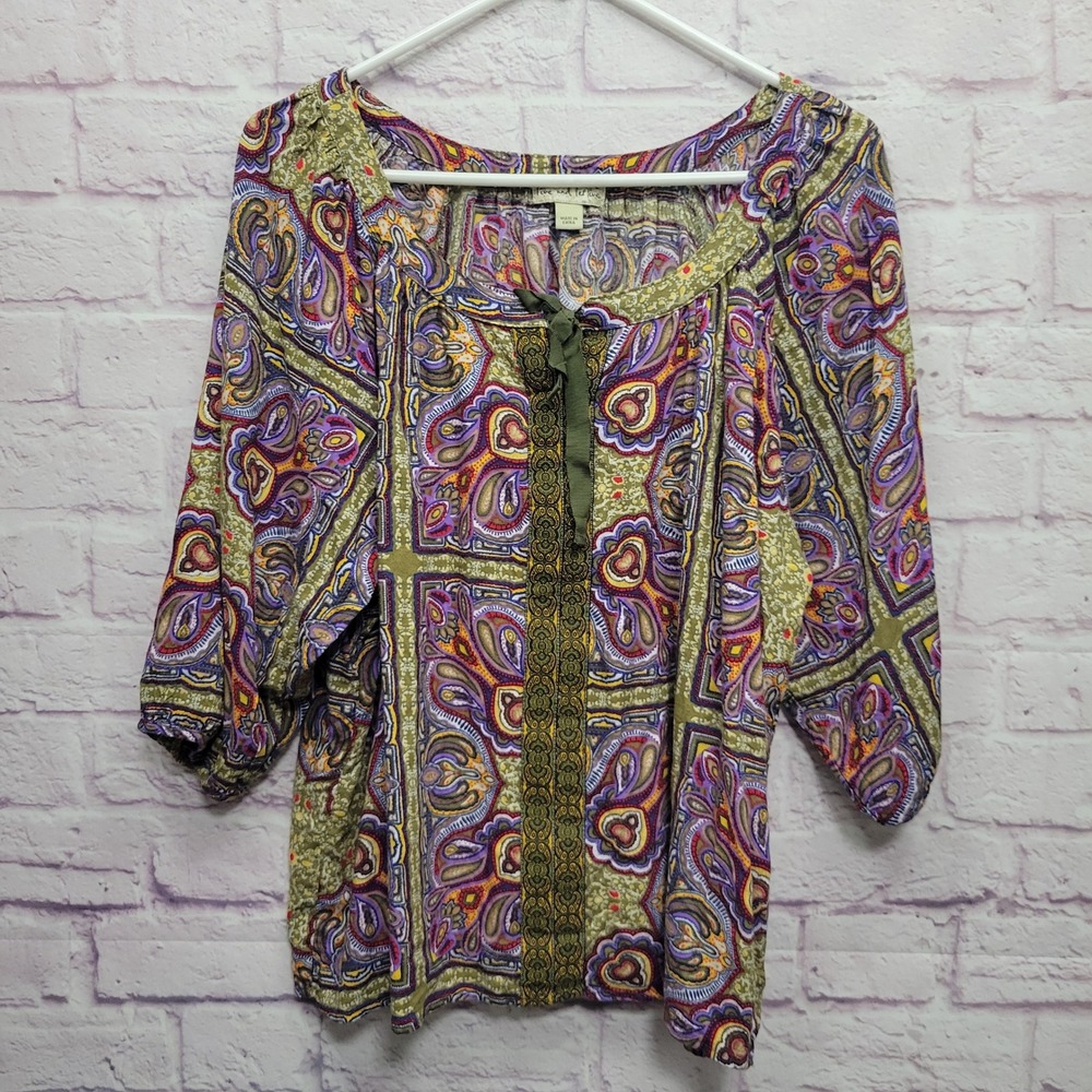 Live & Let Live Paisley‎ Peasant Blouse Sz L Tie Neck Hippie Flowy Festival Boho
